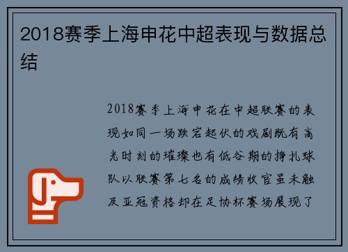 2018赛季上海申花中超表现与数据总结